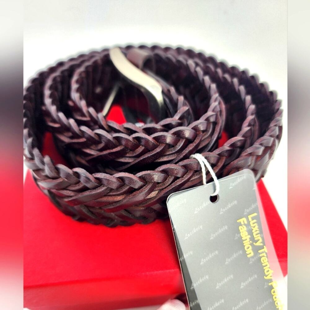New Locikeiy Brown Men's Braided Belt Casual‎ Silver Buckle Gift Box NWT Size 44